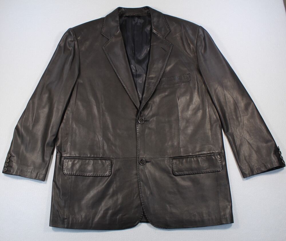 Baroni Leather Blazer Mens 42S Black Single Breasted 2 Button Jacket